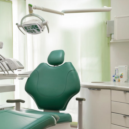 Bright dental office showcases a comfortable chair, modern equipment, and soothing light green accents for a welcoming atmosphere.の素材