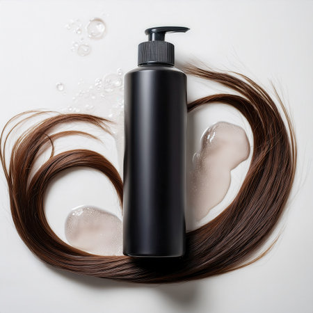 Black cylindrical shampoo bottle rests on a white background, surrounded by hair strands and liquid. The scene showcases hair care products.の素材