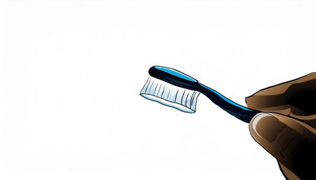 A hand grips a toothbrush displaying the technique for effective teeth cleaning against a soft, fading white backdrop.の素材