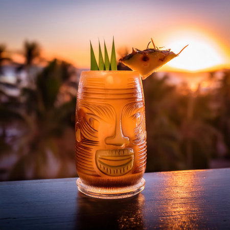 A mai tai cocktail in a decorative tiki glass rests on a neon bartop, set against a brilliant sunset and palm trees in the background.の素材