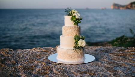 A delightful wedding cake crafted solely from choux pastry is placed on a sandy shoreline near the sea, showcasing a serene atmosphere at dusk.の素材