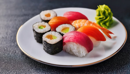 A colorful variety of sushi including nigiri and maki rolls is elegantly placed on a white plate, accented by wasabi and ginger.の素材