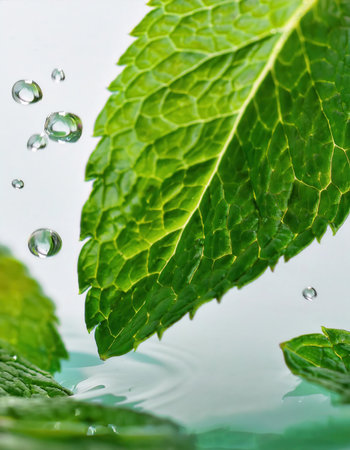 Mint leaves gracefully float and swirl in droplets, showing vibrant green hues and intricate textures in a serene setting.の素材