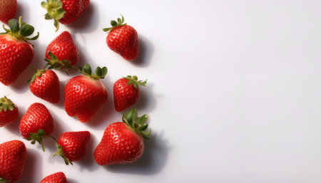 Juicy strawberries are scattered gracefully on a clean white background, presenting their bright red shades alongside fresh green leaves for a vibrant seasonal display.の素材