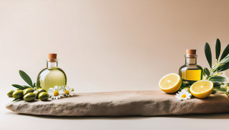 Textured natural rock serves as a striking centerpiece surrounded by olive oil bottles, fresh lemons, and delicate daisies, creating a serene and inviting atmosphere.の素材