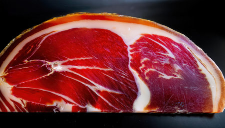 A beautifully presented piece of premium Jamon Iberico with dazzling marbling highlighting its rich flavor and texture.の素材