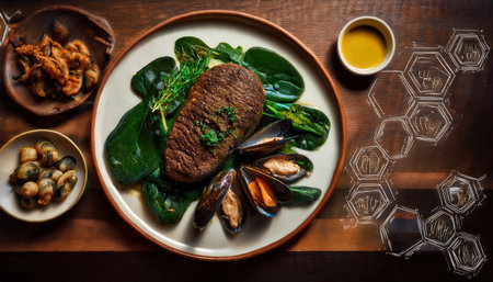 A detailed view of iron rich foods arranged on a plate, emphasizing their importance for healthy hair.の素材