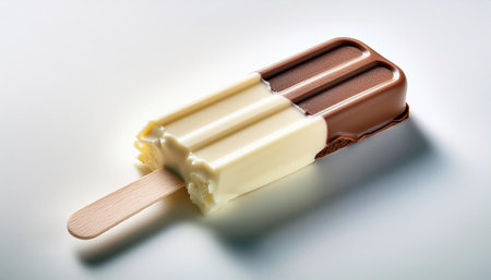 Delicious ice cream bar showcases a combination of chocolate and vanilla flavors with a wooden stick, highlighting its smooth texture and appealing appearance.の素材