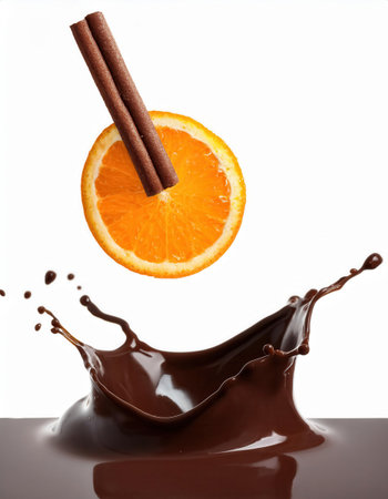 Candied orange sticks descend into glossy dark chocolate, creating a beautiful splash as they make contact with the surface.の素材