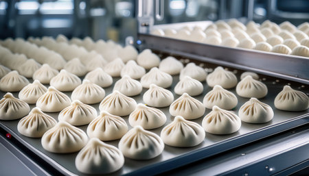 Firefly raw dumplings are carefully arranged in rows on a stainless steel tray prepared for freezing in a modern and clean factory environment.の素材