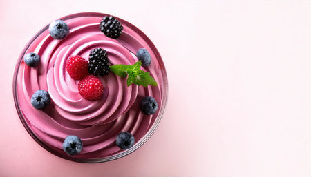 Berry swirl mousse showcases vibrant colors with fresh raspberries, blackberries, and blueberries, elegantly garnished with mint.の素材
