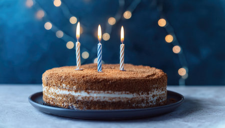 A beautifully decorated cake sits on a dark plate, featuring three lit candles that illuminate the joyful atmosphere during a birthday celebration.の素材