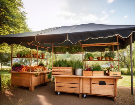 Brightly lit outdoor market features wooden stands filled with fresh fruits, vegetables, and plants under a large tent.の素材