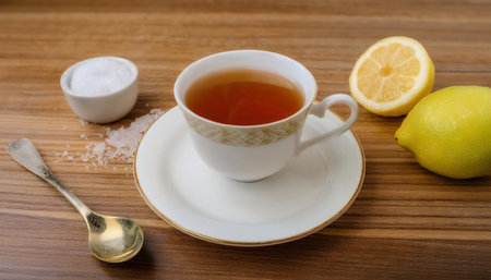 A warm cup of tea is served in a porcelain dish alongside fresh lemon and sugar, creating a relaxing and inviting atmosphere.の素材