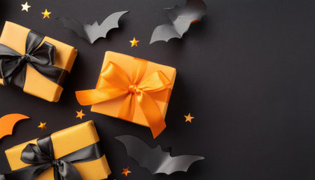 Gift boxes wrapped in vibrant orange and black ribbons are arranged on a dark surface, surrounded by bat decorations and star cut-outs, perfect for Halloween festivities.の素材