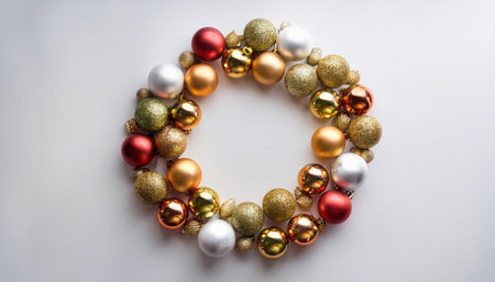 A vibrant wreath composed of shimmering Christmas balls in gold, silver, red, and orange is displayed on a white surface, perfect for holiday decor and celebrations.の素材