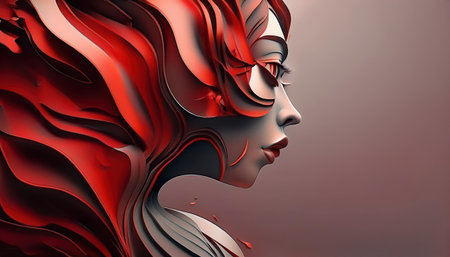 A strong female figure radiates energy with flowing red and gray clay undertones, symbolizing empowerment and determination in a striking profile view.の素材