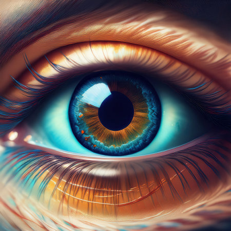 A detailed close up of a firefly's eye reveals vibrant colors and intricate patterns, emphasizing nature's beauty at twilight.の素材