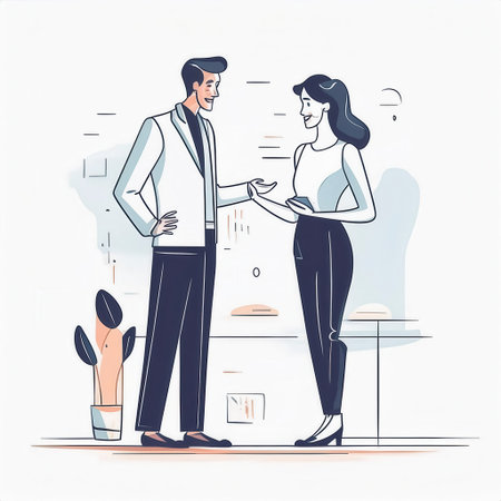 A salesperson engages a customer in dialogue while standing in a well-designed space with a light and inviting atmosphere.の素材