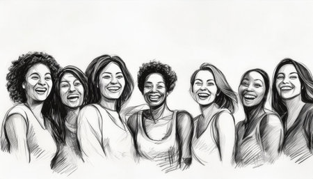 A diverse group of joyful women share laughter and positivity, showing their vibrant personalities in a pencil-drawn illustration.の素材