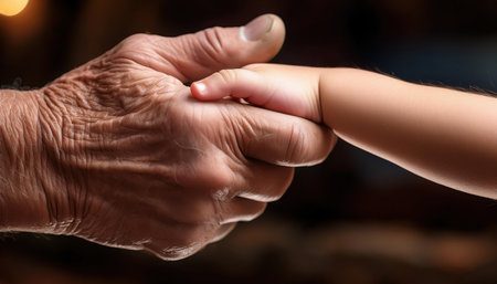 A close-up shot captures the tender connection between an old man's weathered hand and a small child's hand, symbolizing love and generational ties.の素材