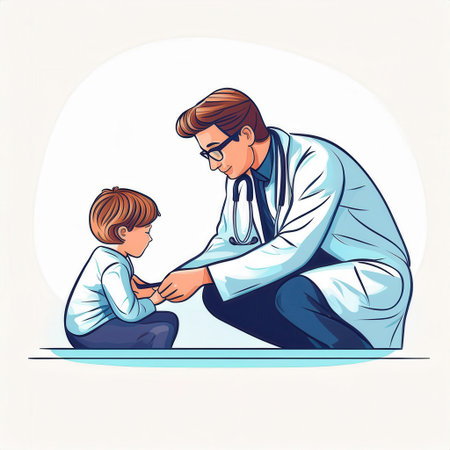 A pediatrician kneels down to examine a young boy while providing a comforting presence in a colorful, stylized setting.の素材