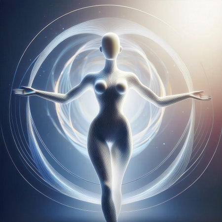 An abstract representation of unity, showcasing intersecting lines and luminous circles around a central figure with outstretched arms.の素材