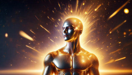 Humanoid figure features a sleek metallic surface in gold and silver, surrounded by glowing energy bursts, set against a cosmic backdrop of vibrant colors and light.の素材