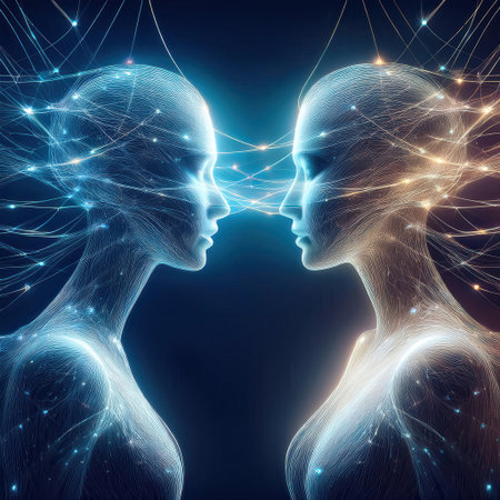 Two figures are illuminated by bright threads, symbolizing a deep connection and exchange of energy between them in a serene atmosphere.の素材