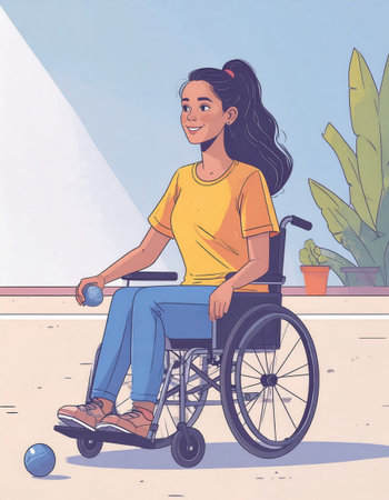 Individual in a wheelchair participates in petanque outdoors demonstrating precision and enjoyment in a bright cheerful environment with greenery nearby.の素材