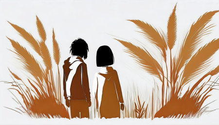Two figures stand closely together in a serene natural setting. They are surrounded by tall grasses, creating a tranquil atmosphere. The soft colors evoke a peaceful afternoon.の素材