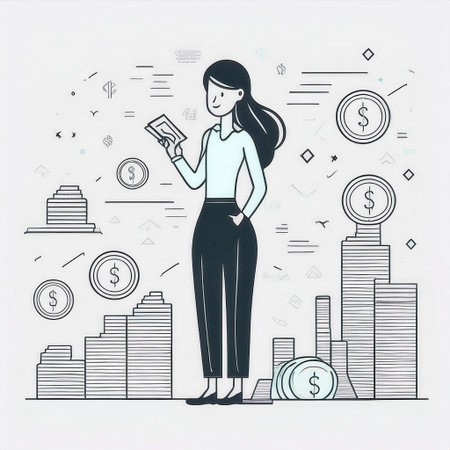 A professional woman stands confidently holding a phone surrounded by money symbols and financial buildings in Memphis design.の素材