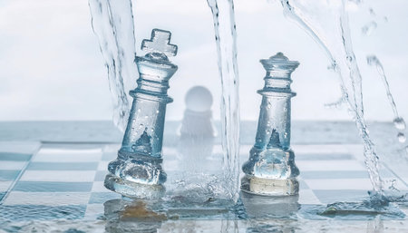 Intricate water chess pieces stand on a board, with streams of water cascading around them, symbolizing the blend of strategy and impermanence of life.の素材