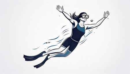 A whimsical diver gracefully swims underwater wearing a mask and fins surrounded by gentle waves in a minimalist art style showing the joy of divingの素材