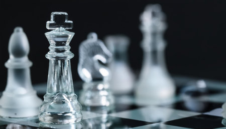 Elegant glass firefly chess pieces sit on a classic chessboard of alternating black and white squares, inviting players to engage in thoughtful strategy and competition.の素材