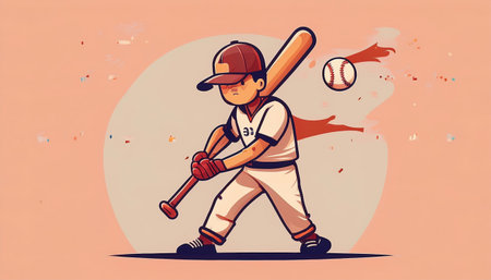 young baseball player swings a bat with focus baseball game showcasing a minimalist and whimsical style that captures the joy of the sport.の素材