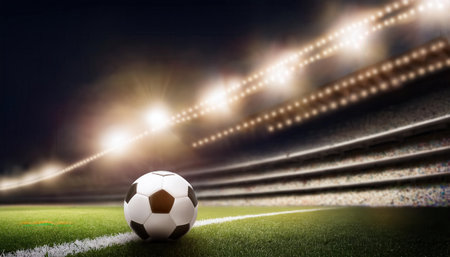 Fans cheer in a lively soccer stadium illuminated at night, capturing the thrill of the game as a soccer ball rests on the grass in the foreground.の素材