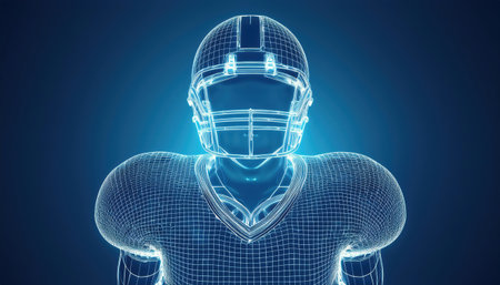 This composition features a wireframe model of an American football quarterback against a vivid blue background highlighting the player's physical attributes and attire.の素材