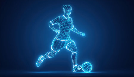 A wireframe representation, football player executing a strong kick with precision against a vivid blue background highlighting the skill and energy of the sportの素材