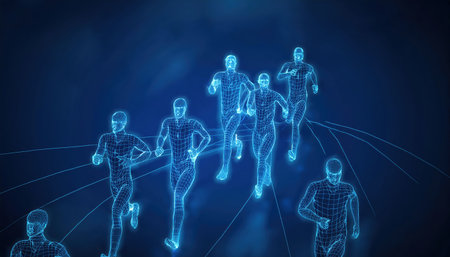 Runners are illustrated as glowing wireframe figures in a relay race conveying speed and teamwork with a striking blue background enhancing the scene's energy.の素材