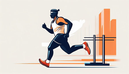 An athlete in a sleek outfit sprinting energetically past hurdles in a simplified design showcasing movement and determination during an athletic eventの素材
