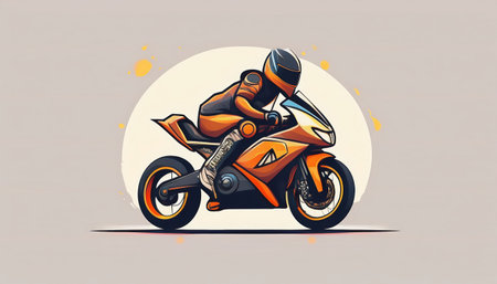 Motorcycle rider leans forward on a sleek bike whimsical illustration highlighting motion and speed with vibrant orange and black colors against a soft backgroundの素材