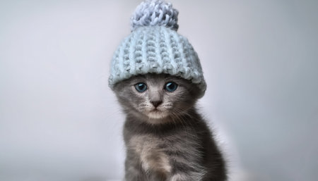 A fluffy gray cat with bright eyes sits calmly, donning a cozy light blue knitted hat. The gentle background adds to the cat's charming appearance, creating a heartwarming scene.の素材