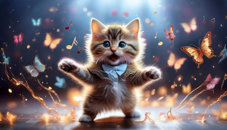 A charming kitten dances joyfully, enveloped by swirling music notes and colorful butterflies, set in a mesmerizing melting landscape of digital artistry.の素材