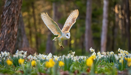 A barn owl soars gracefully above a meadow filled with blooming primroses and daffodils during the twilight hour, showing nature's beauty and tranquility.の素材