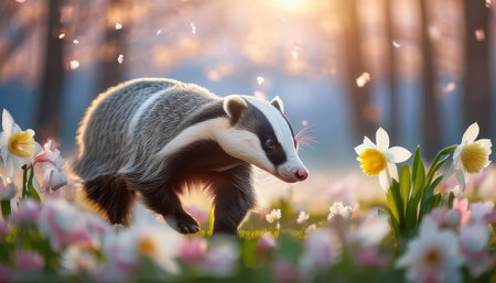 A badger explores a vibrant meadow adorned with blooming primroses and daffodils, illuminated by soft evening light filtering through the trees.の素材