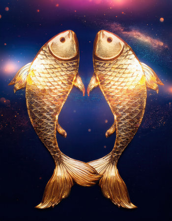 Two golden fish silhouettes representing the Pisces zodiac float in a dark blue sky filled with stars, evoking a serene cosmic atmosphere.の素材