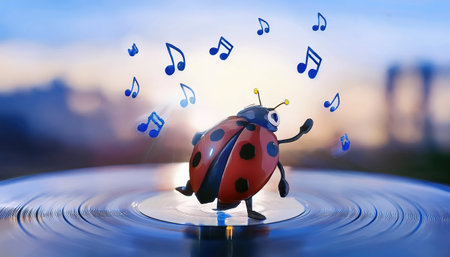 A lively ladybug dances joyfully on a record with vibrant music notes swirling around it in a surreal melting world during an enchanting sunset.の素材