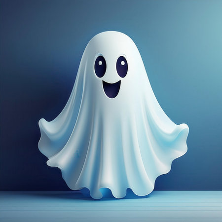 A cheerful ghost with big eyes and a friendly expression stands against a soft blue background, perfect for children's art or logos.の素材