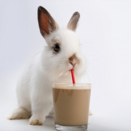 A charming white rabbit sipping coffee through a straw sits peacefully against a clean white backdrop, adding whimsy to the moment.の素材